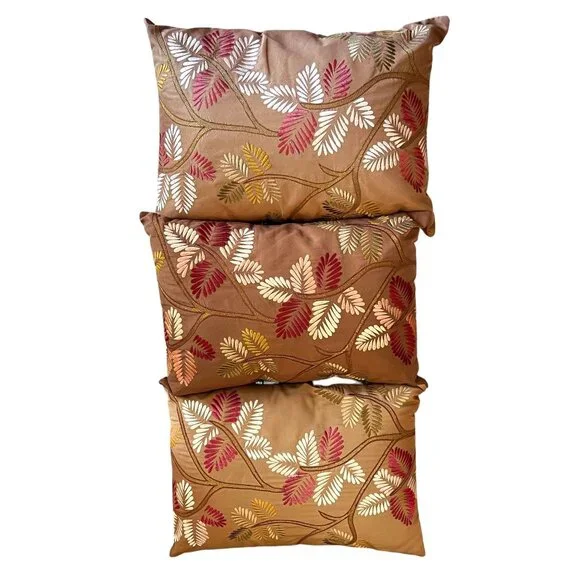Pier 1 Pillows Embroidered Leaf Lumbar Set of 3 Couch Rectangular Brown Zipper - Picture 2 of 11